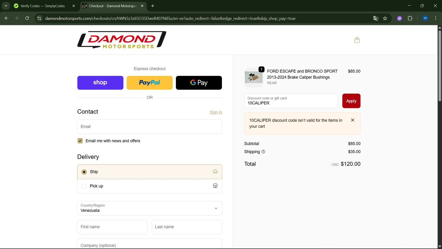 Damond Motorsports discount code screenshot showing code 10CALIPER applied at Damond Motorsports checkout page. Uploaded by SimplyCodes community member GloriousSpotter8024 on Oct 11, 2025