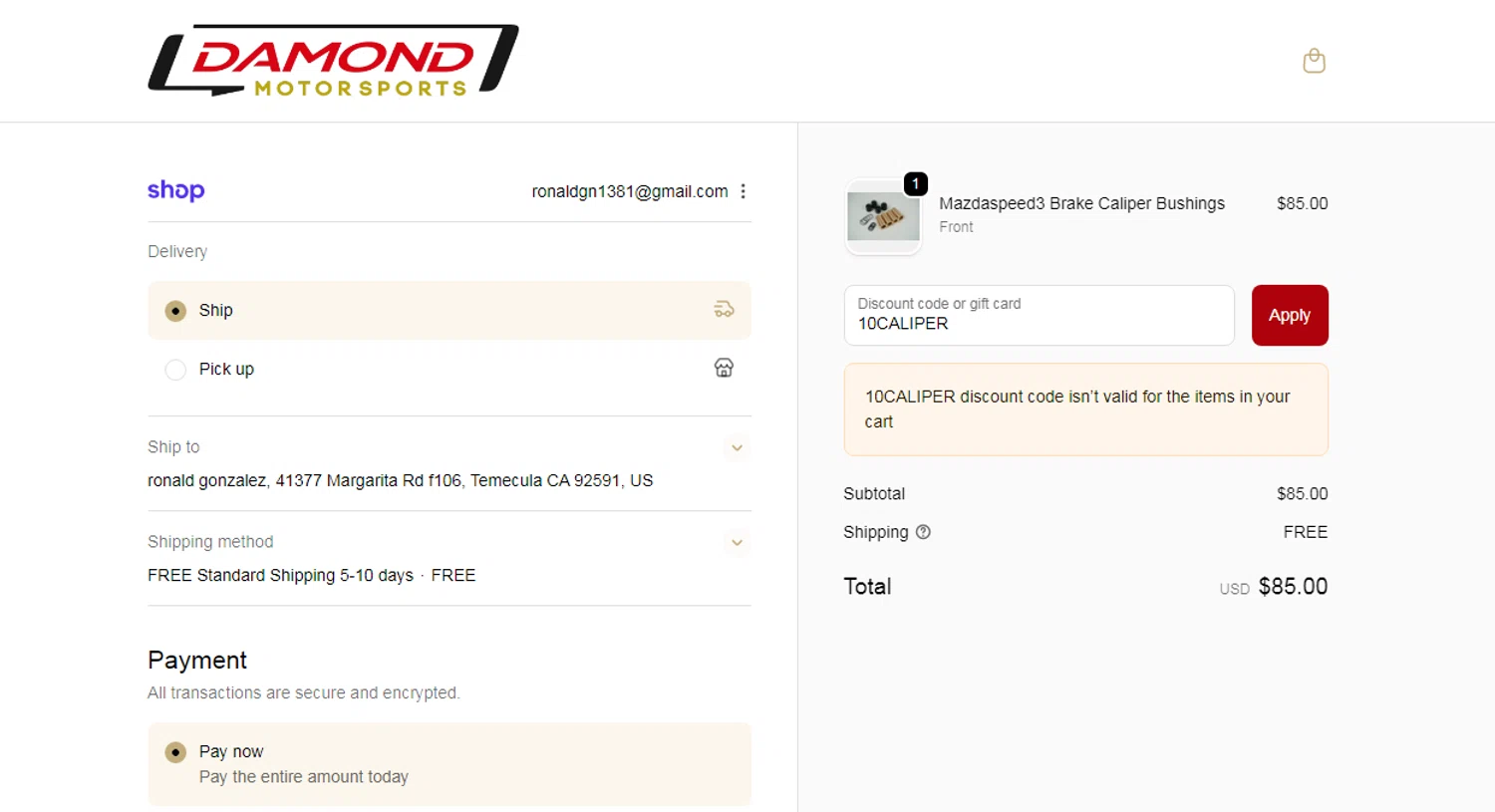 Damond Motorsports discount code screenshot showing code 10CALIPER applied at Damond Motorsports checkout page. Uploaded by SimplyCodes community member Josecaste on Sep 25, 2025