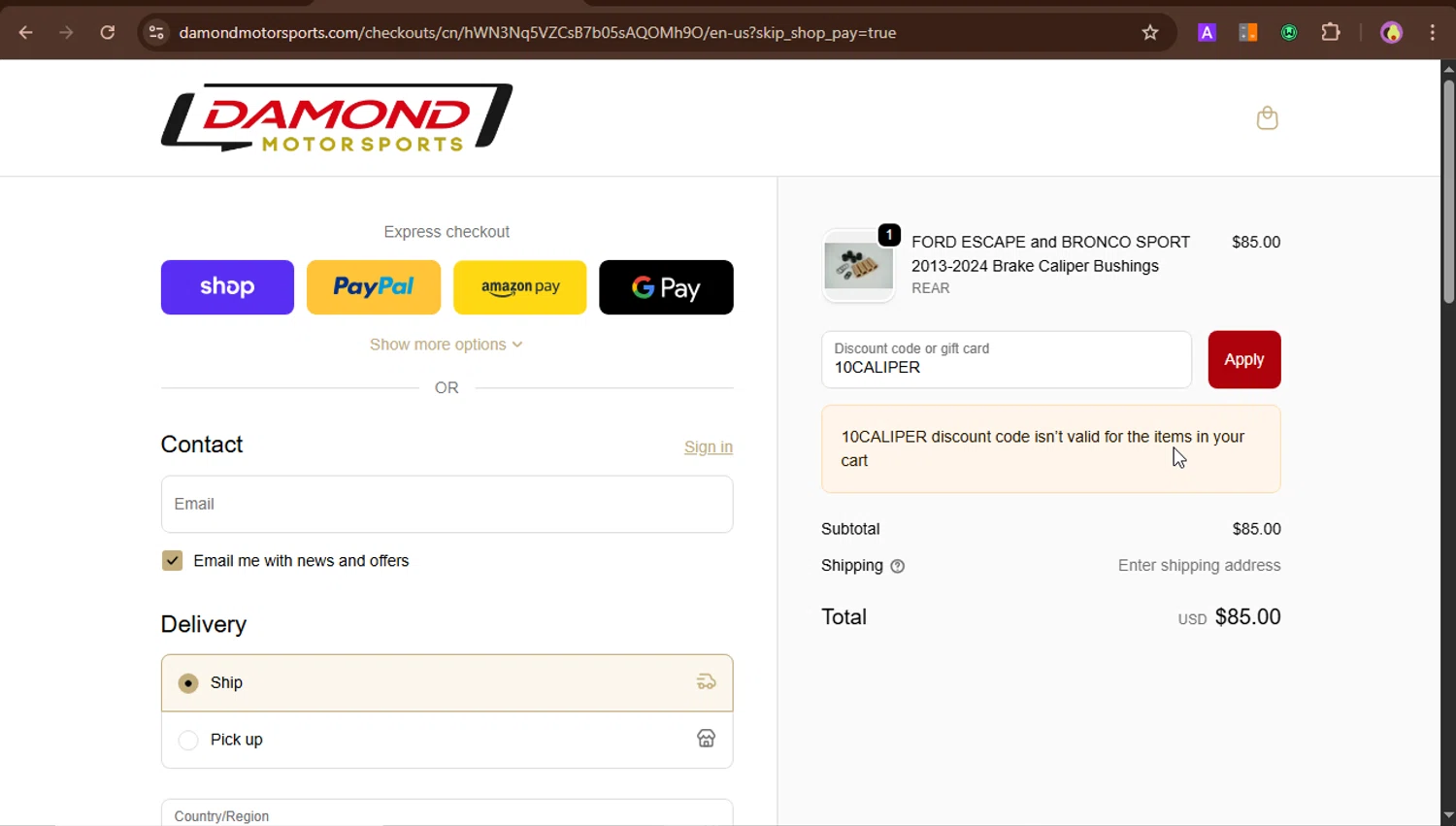 Damond Motorsports discount code screenshot showing code 10CALIPER applied at Damond Motorsports checkout page. Uploaded by SimplyCodes community member PrincessCoupon on Sep 25, 2025