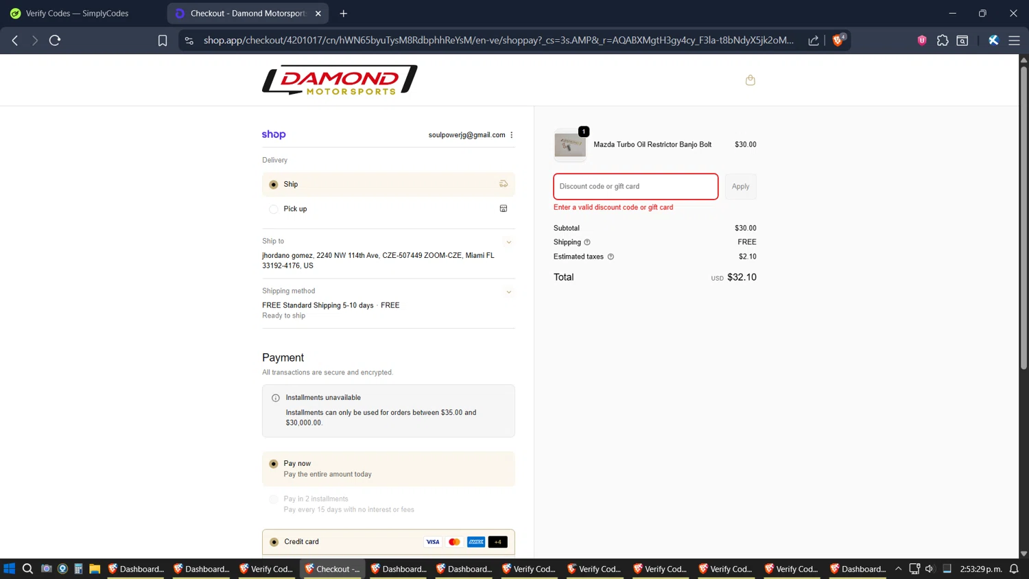 Damond Motorsports discount code screenshot showing code BF25 applied at Damond Motorsports checkout page. Uploaded by SimplyCodes community member ZoilaPerrita on Dec 5, 2025