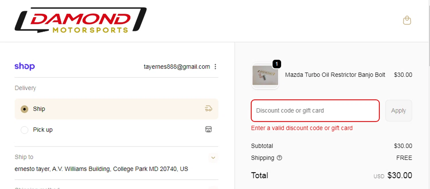 Damond Motorsports discount code screenshot showing code BF25 applied at Damond Motorsports checkout page. Uploaded by SimplyCodes community member taylersmith on Dec 5, 2025