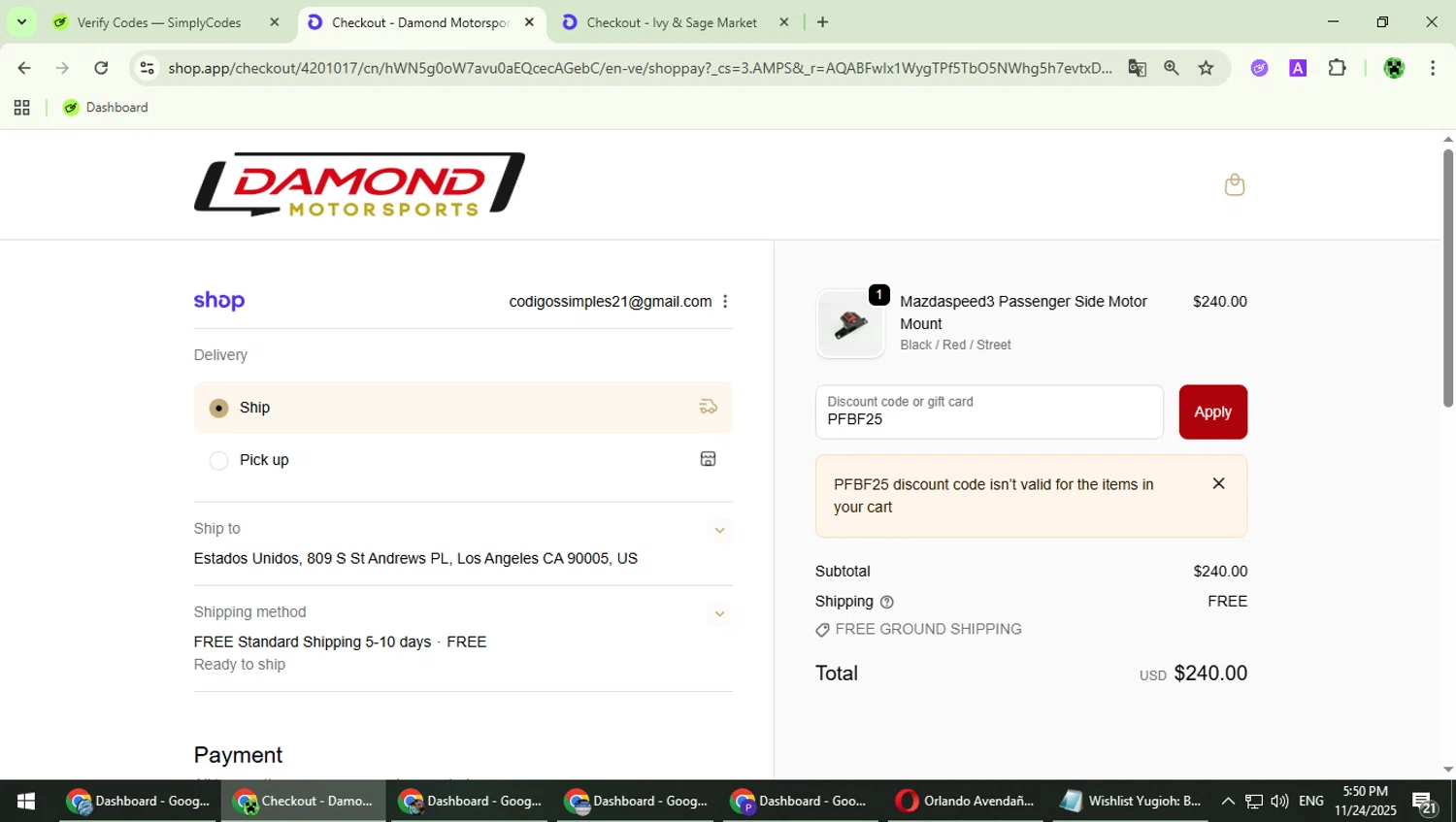 Damond Motorsports discount code screenshot showing code PFBF25 applied at Damond Motorsports checkout page. Uploaded by SimplyCodes community member MaitoGai on Nov 24, 2025