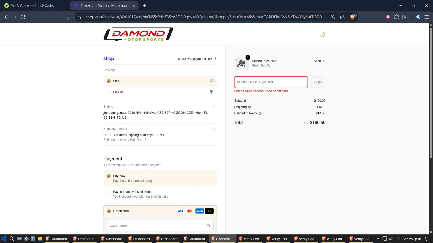 Damond Motorsports discount code screenshot showing code PFBF25 applied at Damond Motorsports checkout page. Uploaded by SimplyCodes community member jhordano on Dec 5, 2025