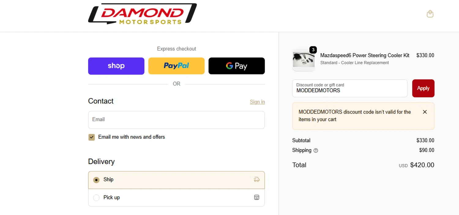 Damond Motorsports discount code screenshot showing code MODDEDMOTORS applied at Damond Motorsports checkout page. Uploaded by SimplyCodes community member ashe1986 on Nov 20, 2025