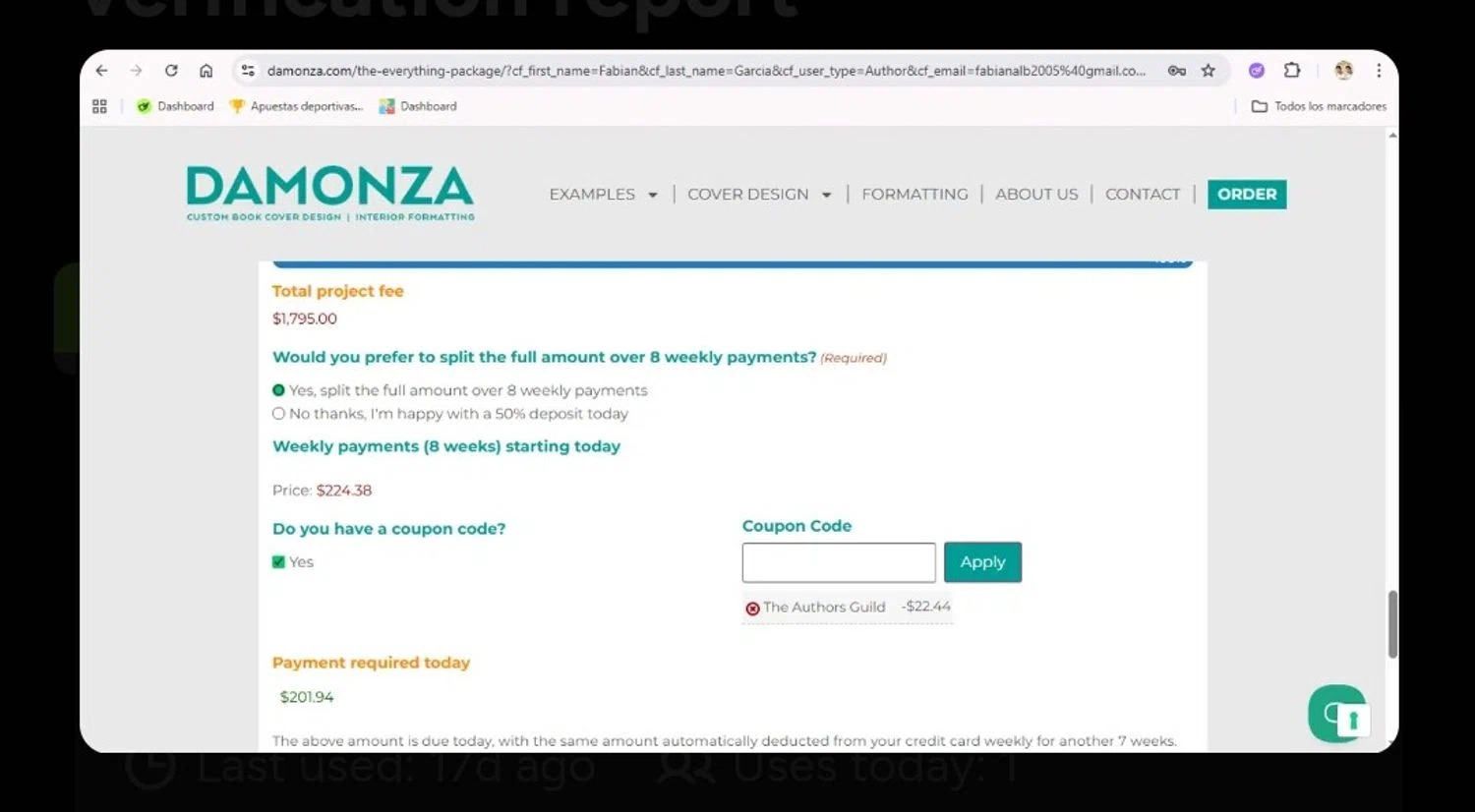 Damonza coupon code screenshot showing code GUILD10 applied at Damonza checkout page. Uploaded by SimplyCodes community member CrownLion2750 on Jan 3, 2026