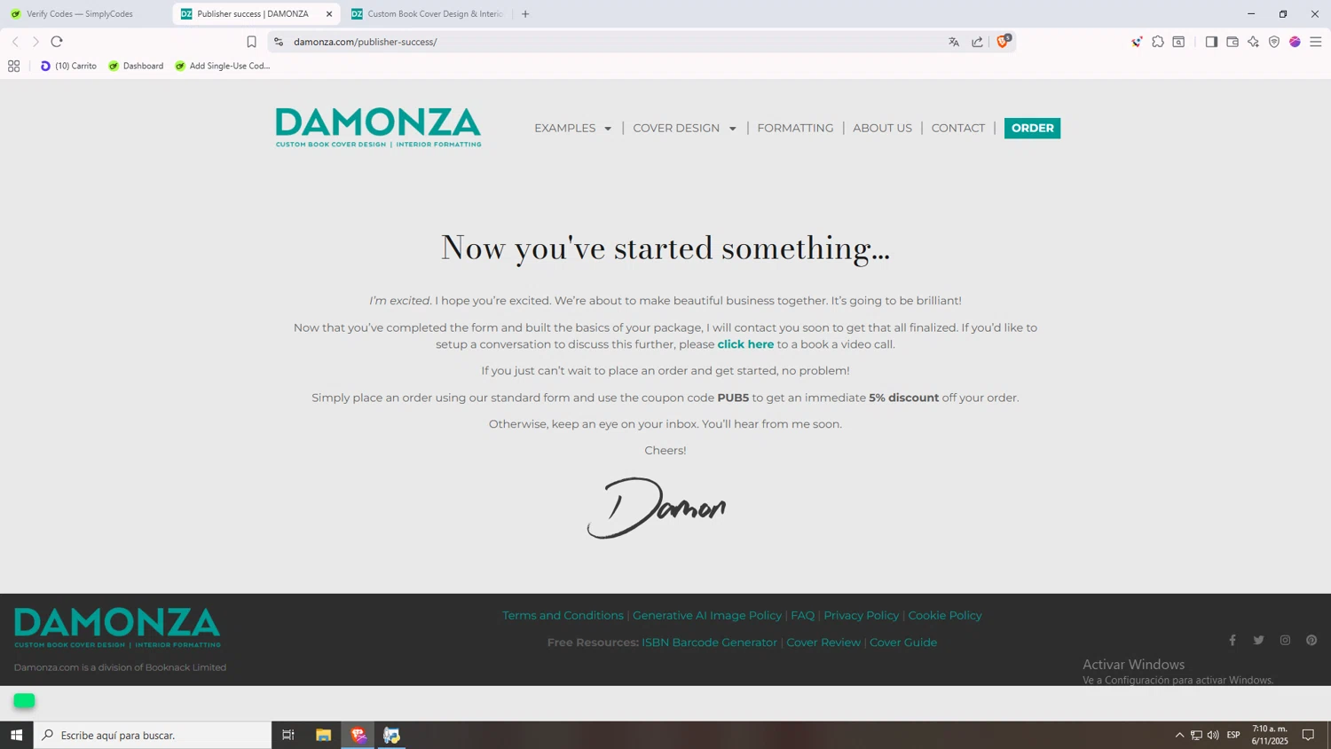 Damonza coupon code screenshot showing code PUB5 applied at Damonza checkout page. Uploaded by SimplyCodes community member 1p1p1p on Nov 6, 2025