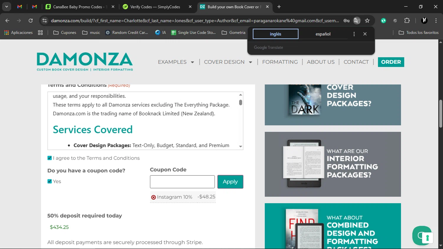 Damonza coupon code screenshot showing code INSTA10 applied at Damonza checkout page. Uploaded by SimplyCodes community member Charlote on Nov 6, 2025