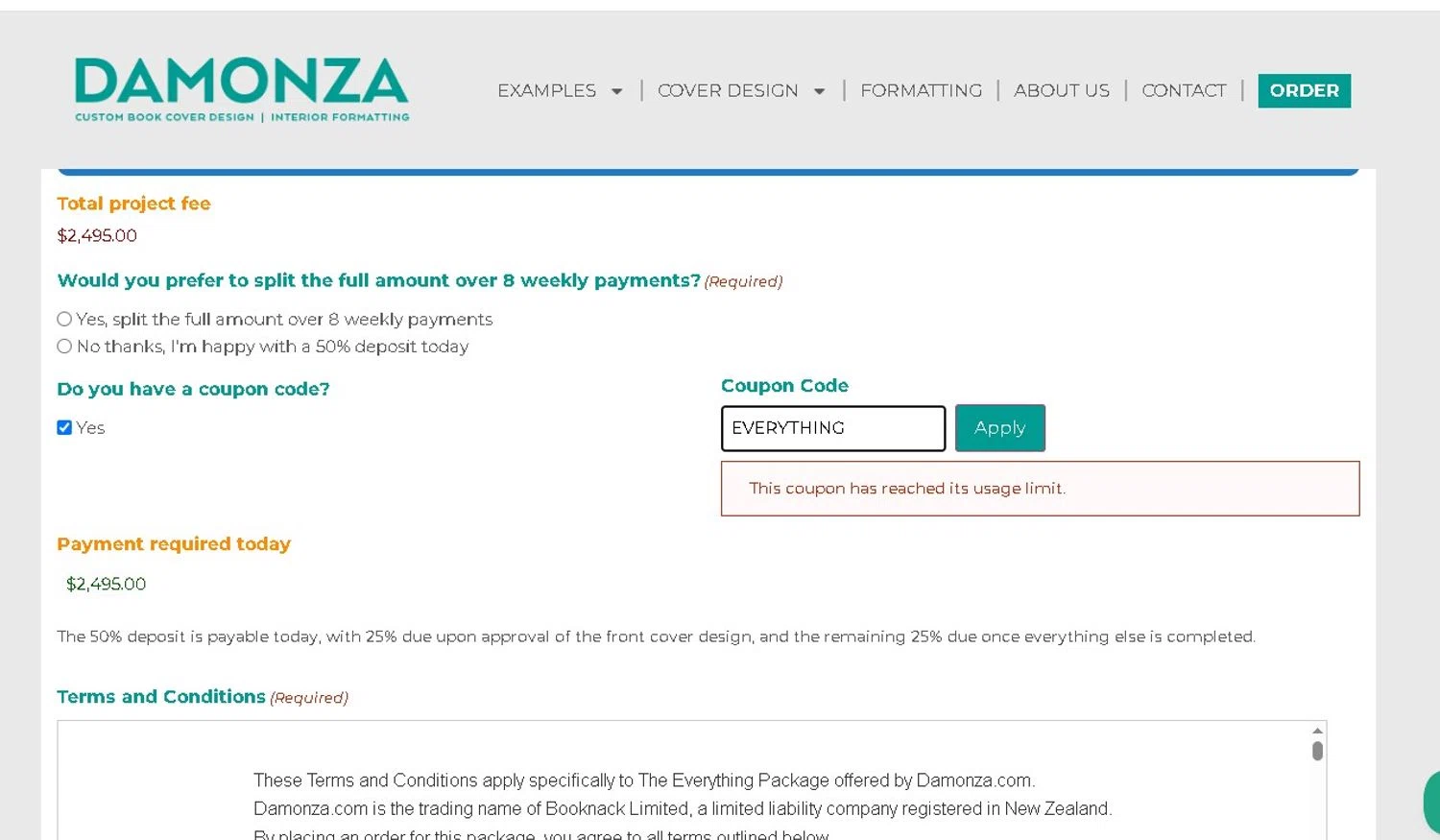 Damonza coupon code screenshot showing code EVERYTHING applied at Damonza checkout page. Uploaded by SimplyCodes community member LAMINEJAMAL on Jun 26, 2025