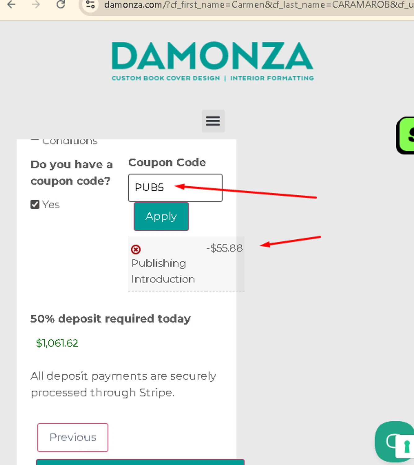 Damonza coupon code screenshot showing code PUB5 applied at Damonza checkout page. Uploaded by SimplyCodes community member AMANDA2681 on Oct 8, 2025