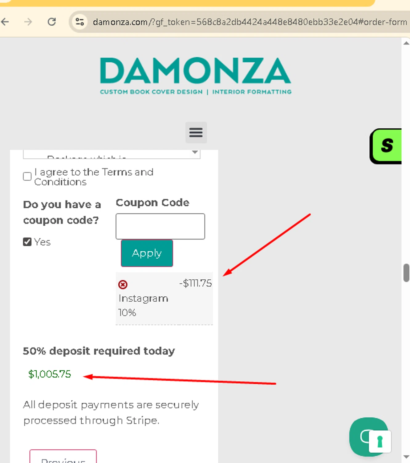 Damonza coupon code screenshot showing code INSTA10 applied at Damonza checkout page. Uploaded by SimplyCodes community member AMANDA2681 on Oct 8, 2025