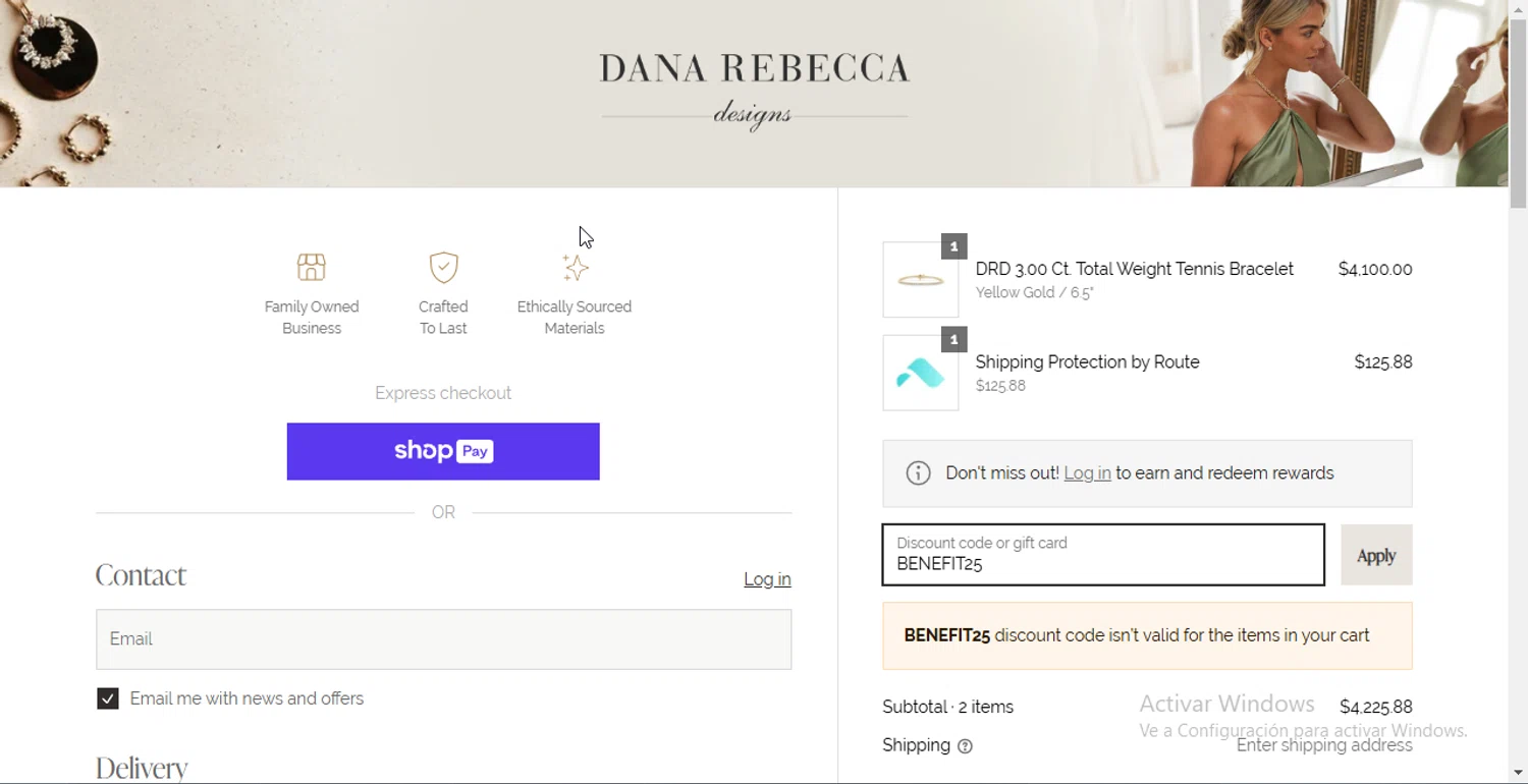 Dana Rebecca Designs promo code screenshot showing code BENEFIT25 applied at Dana Rebecca Designs checkout page. Uploaded by SimplyCodes community member Heibk201 on Mar 11, 2025