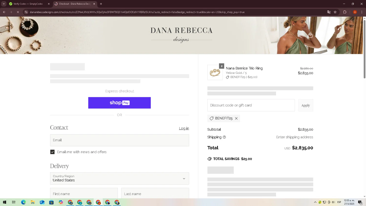 Dana Rebecca Designs promo code screenshot showing code BENEFIT25 applied at Dana Rebecca Designs checkout page. Uploaded by SimplyCodes community member zxxx27 on Mar 27, 2025