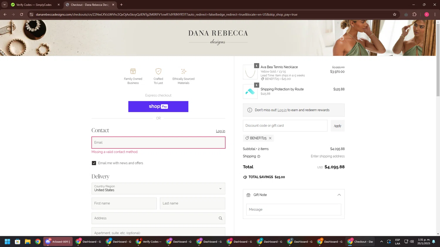 Dana Rebecca Designs promo code screenshot showing code BENEFIT25 applied at Dana Rebecca Designs checkout page. Uploaded by SimplyCodes community member CouponSage7331 on Jan 20, 2025