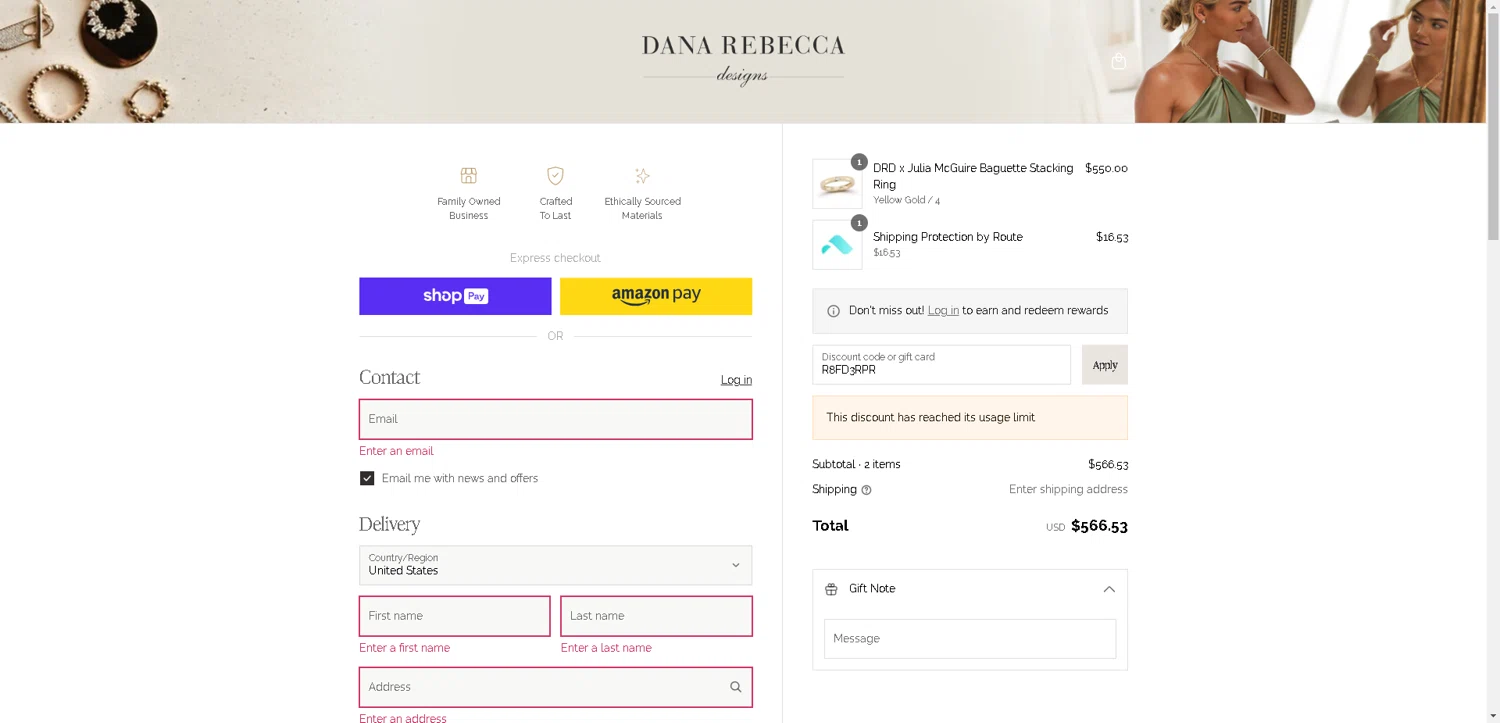 Dana Rebecca Designs promo code screenshot showing code R8FD3RPR applied at Dana Rebecca Designs checkout page. Uploaded by SimplyCodes community member CleverLynx8583 on Aug 5, 2025