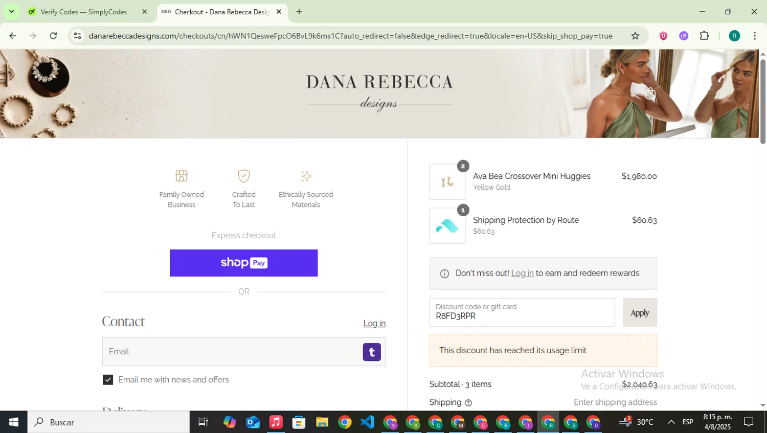 Dana Rebecca Designs promo code screenshot showing code R8FD3RPR applied at Dana Rebecca Designs checkout page. Uploaded by SimplyCodes community member SavingsLegend387 on Aug 5, 2025