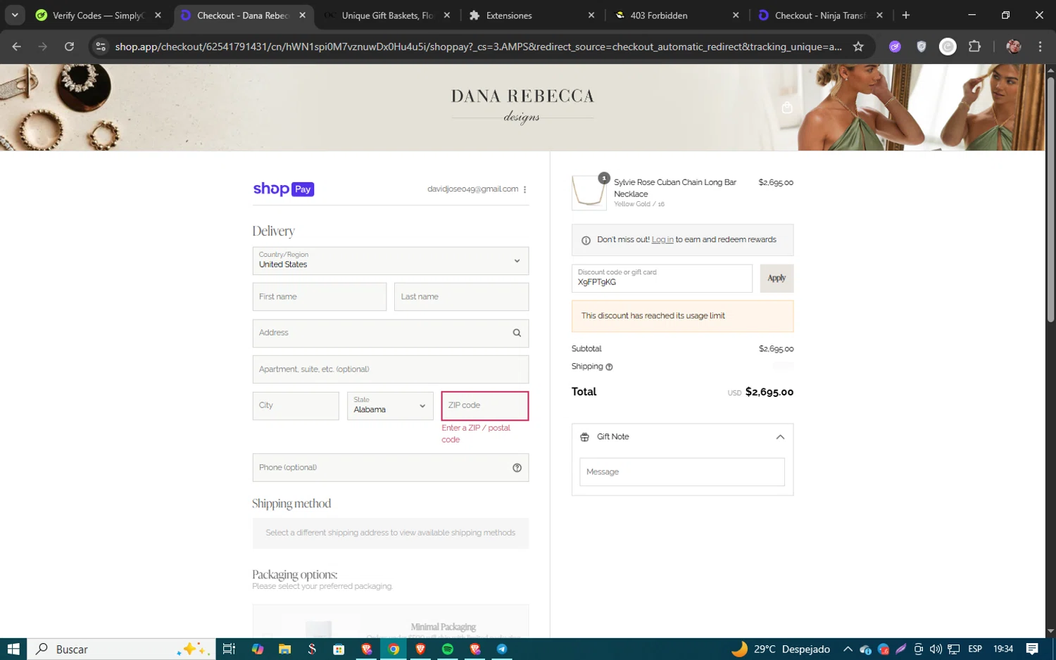 Dana Rebecca Designs promo code screenshot showing code X9FPT9KG applied at Dana Rebecca Designs checkout page. Uploaded by SimplyCodes community member 61451681 on Aug 16, 2025
