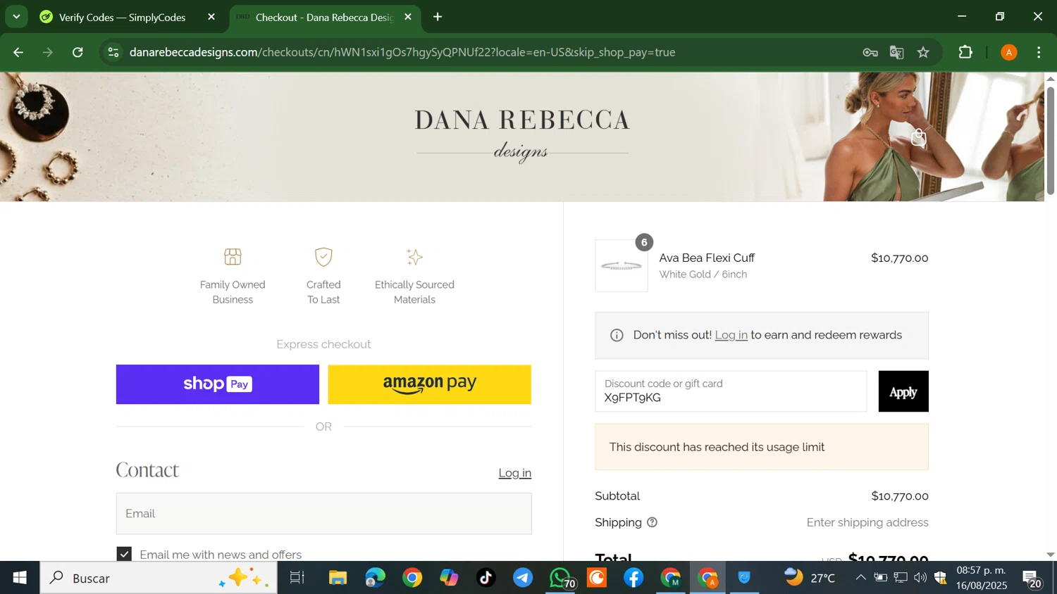 Dana Rebecca Designs promo code screenshot showing code X9FPT9KG applied at Dana Rebecca Designs checkout page. Uploaded by SimplyCodes community member AlfredoBonifacio on Aug 17, 2025