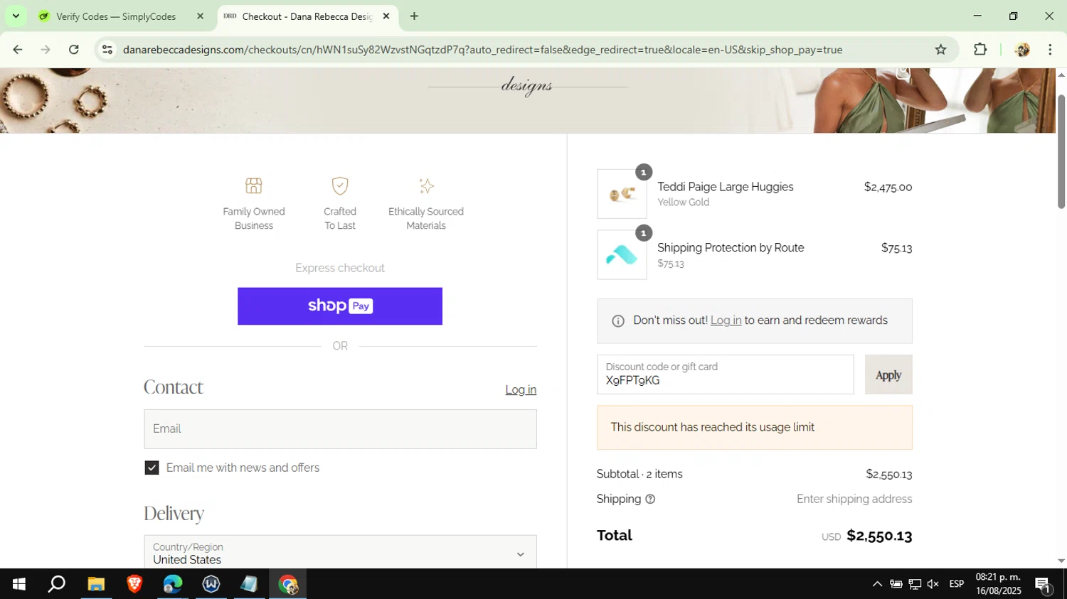 Dana Rebecca Designs promo code screenshot showing code X9FPT9KG applied at Dana Rebecca Designs checkout page. Uploaded by SimplyCodes community member CashExpert3657 on Aug 17, 2025
