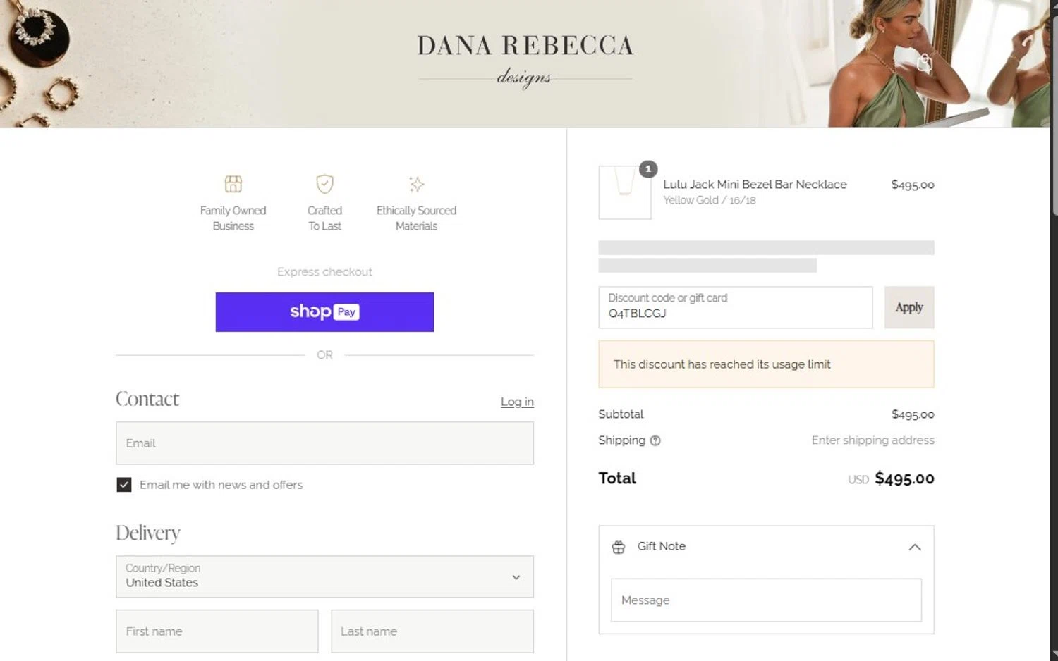 Dana Rebecca Designs promo code screenshot showing code Q4TBLCGJ applied at Dana Rebecca Designs checkout page. Uploaded by SimplyCodes community member CoinScholar3615 on Aug 22, 2025