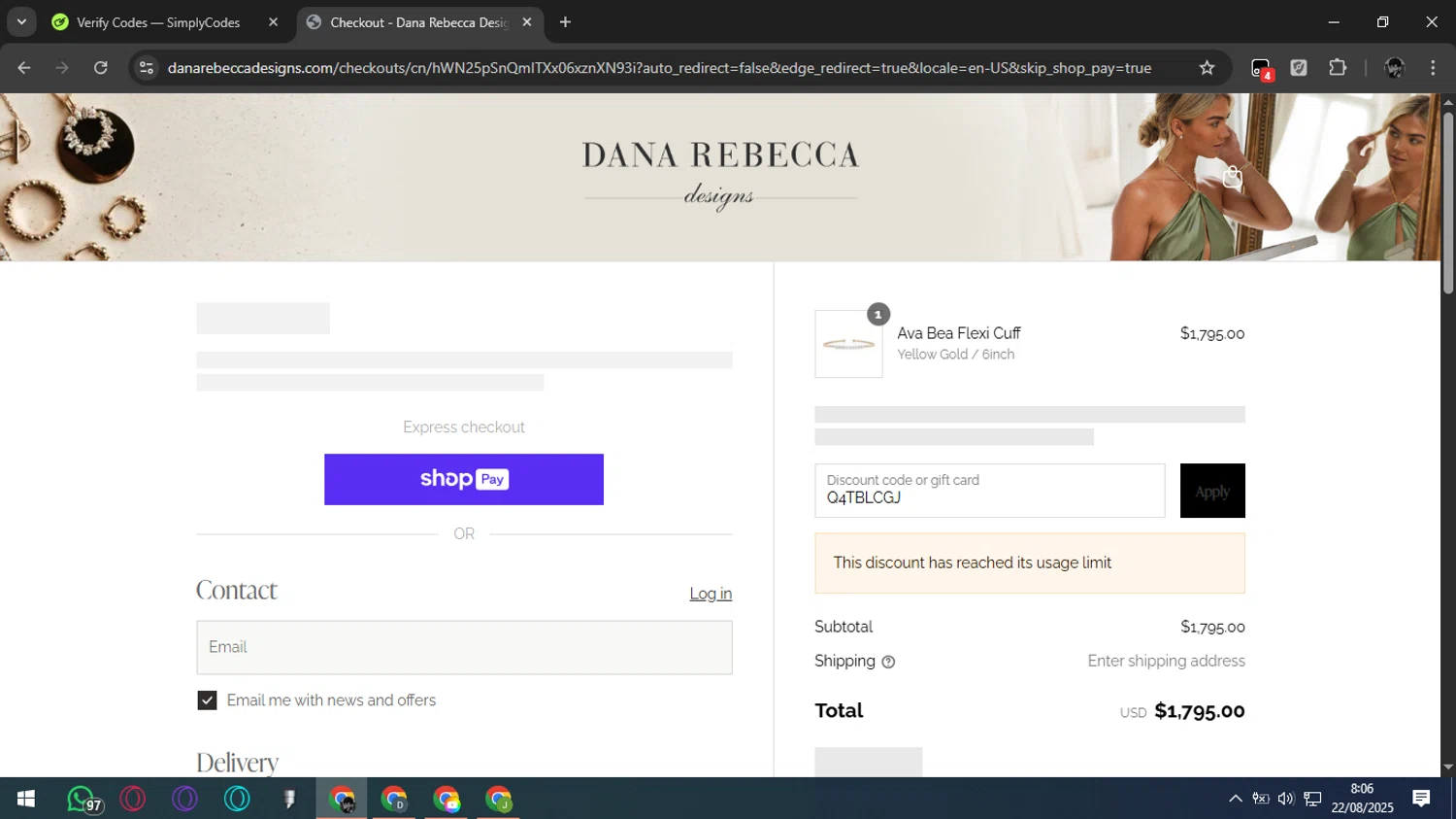 Dana Rebecca Designs promo code screenshot showing code Q4TBLCGJ applied at Dana Rebecca Designs checkout page. Uploaded by SimplyCodes community member MarkGrayson on Aug 22, 2025