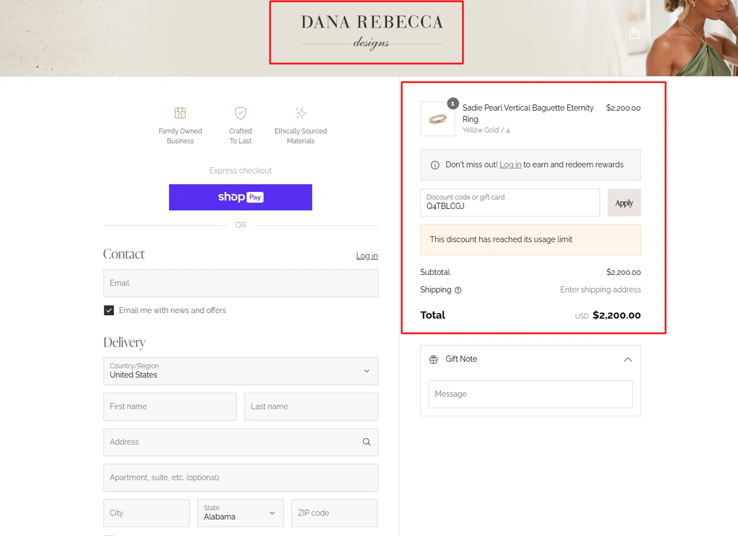 Dana Rebecca Designs promo code screenshot showing code Q4TBLCGJ applied at Dana Rebecca Designs checkout page. Uploaded by SimplyCodes community member maribelcastro on Aug 22, 2025