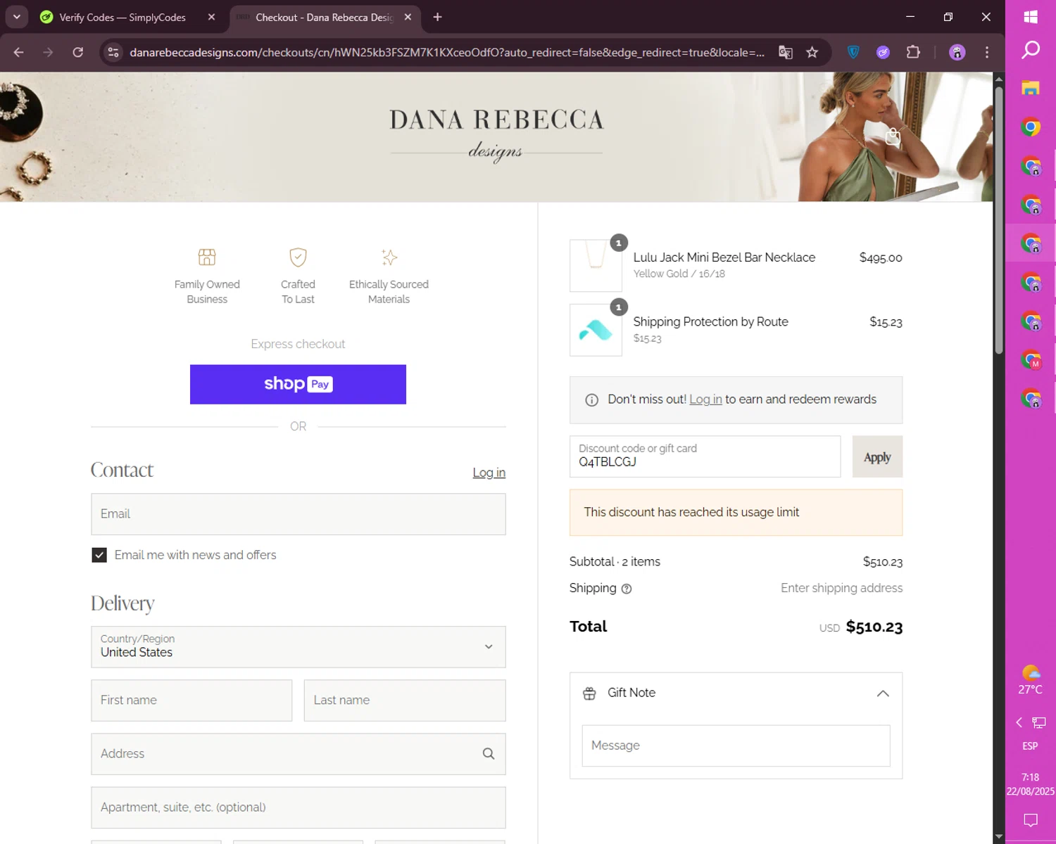 Dana Rebecca Designs promo code screenshot showing code Q4TBLCGJ applied at Dana Rebecca Designs checkout page. Uploaded by SimplyCodes community member mileSalima on Aug 22, 2025