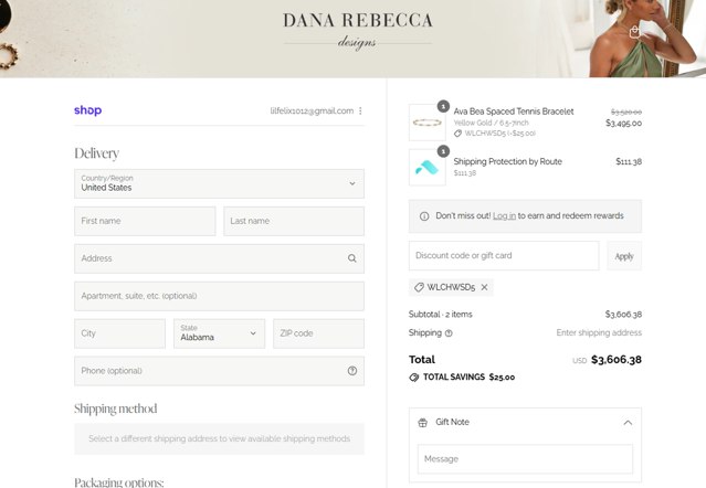 Dana Rebecca Designs checkout page showing Dana Rebecca Designs promo code box | Screenshot taken by SimplyCodes community member on Sep 3, 2025