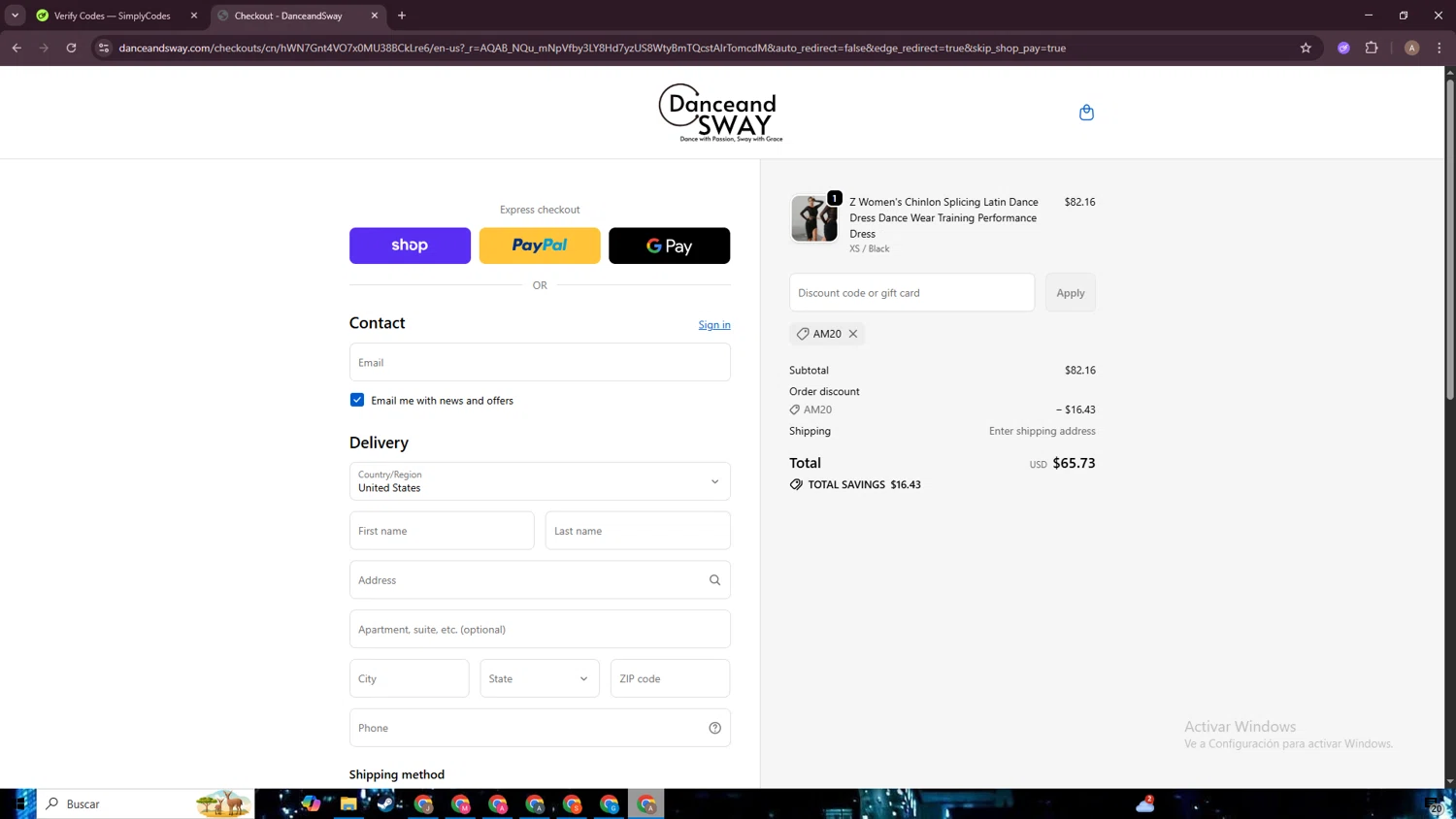 Danceandsway discount code screenshot showing code AM20 applied at Danceandsway checkout page. Uploaded by SimplyCodes community member BargainGenius8397 on Jan 5, 2026