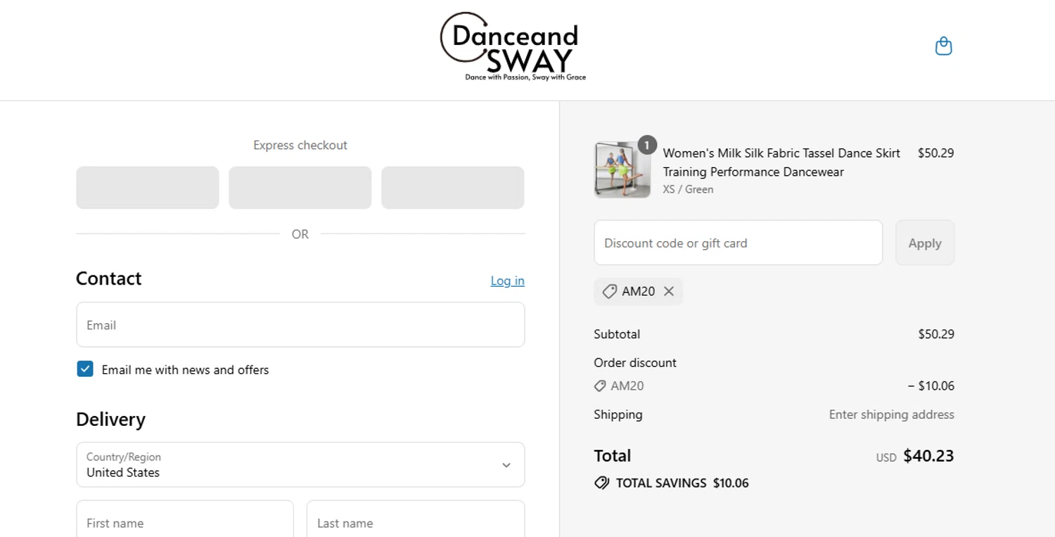 Danceandsway discount code screenshot showing code AM20 applied at Danceandsway checkout page. Uploaded by SimplyCodes community member Stun333 on Jul 9, 2025