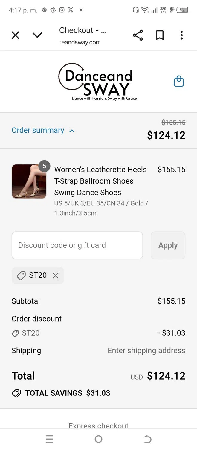 Danceandsway discount code screenshot showing code ST20 applied at Danceandsway checkout page. Uploaded by SimplyCodes community member CUICASCOROMOTO on Jul 17, 2025