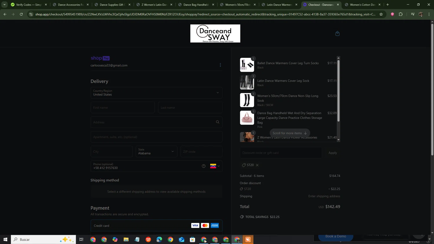 Danceandsway discount code screenshot showing code ST20 applied at Danceandsway checkout page. Uploaded by SimplyCodes community member ThriftySage4292 on Jun 6, 2025