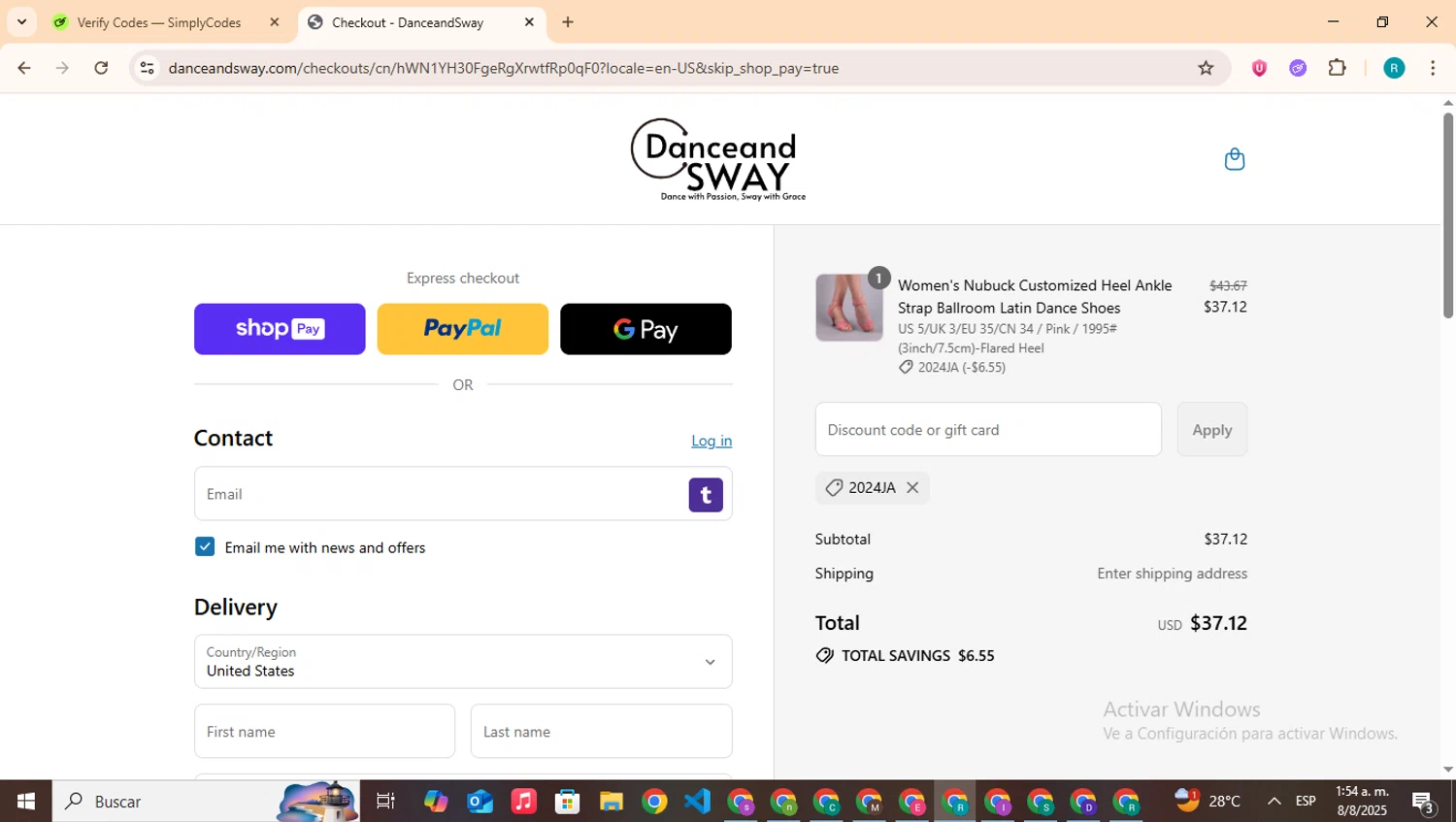 Danceandsway discount code screenshot showing code 2024JA applied at Danceandsway checkout page. Uploaded by SimplyCodes community member BudgetHero4407 on Aug 8, 2025