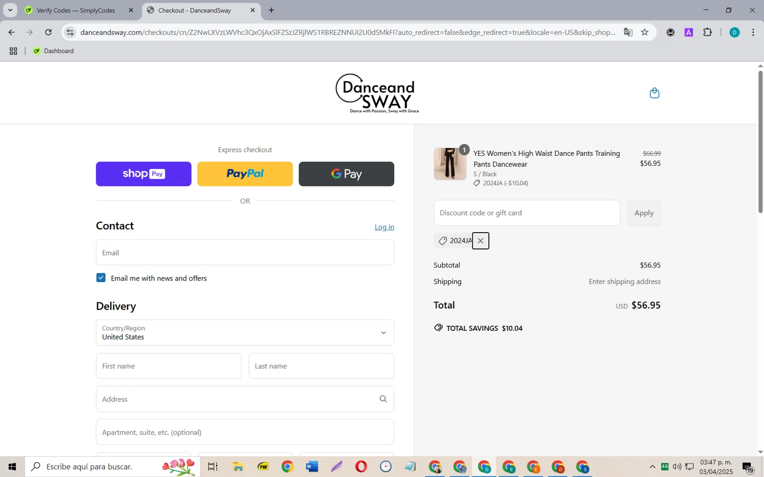 Danceandsway discount code screenshot showing code 2024JA applied at Danceandsway checkout page. Uploaded by SimplyCodes community member MagnificentCollector5368 on Apr 3, 2025