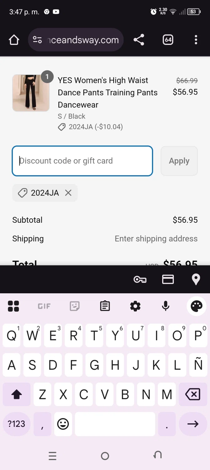 Danceandsway discount code screenshot showing code 2024JA applied at Danceandsway checkout page. Uploaded by SimplyCodes community member GoshMitico on Apr 3, 2025
