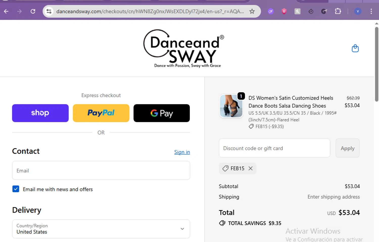 Danceandsway discount code screenshot showing code FEB15 applied at Danceandsway checkout page. Uploaded by SimplyCodes community member beatrizcastillo on Feb 9, 2026