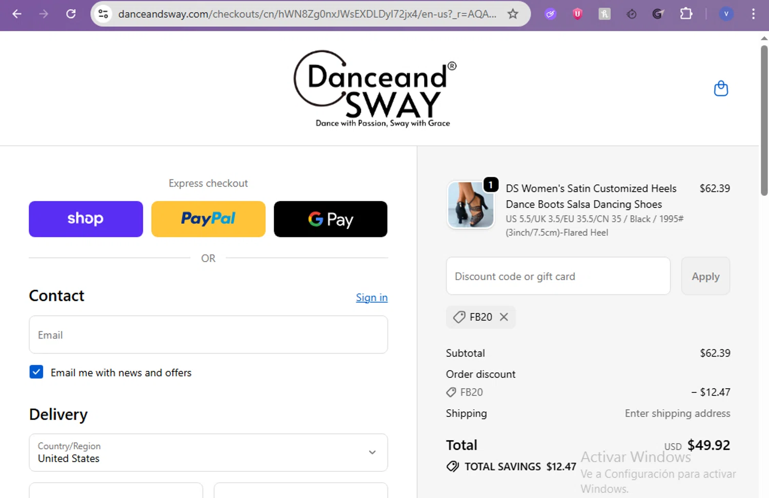 Danceandsway discount code screenshot showing code FB20 applied at Danceandsway checkout page. Uploaded by SimplyCodes community member beatrizcastillo on Feb 9, 2026