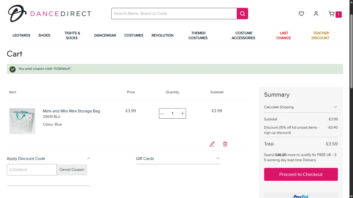 Dance Direct discount code screenshot showing code G12kNAx4 applied at Dance Direct checkout page. Uploaded by SimplyCodes community member ______________ on Dec 15, 2025