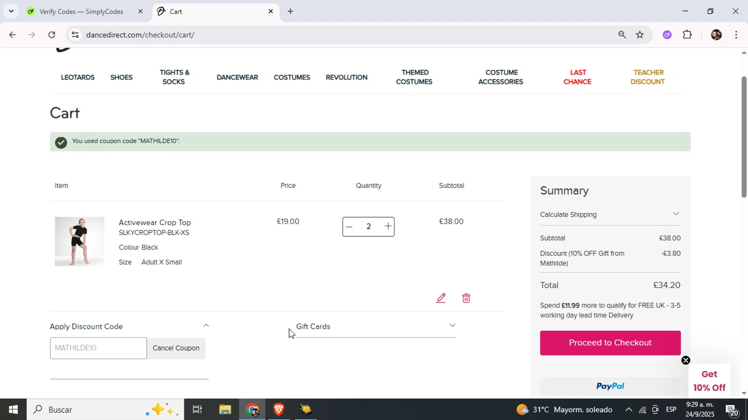 Dance Direct checkout page showing Dance Direct discount code box | Screenshot taken by SimplyCodes community member on Sep 24, 2025
