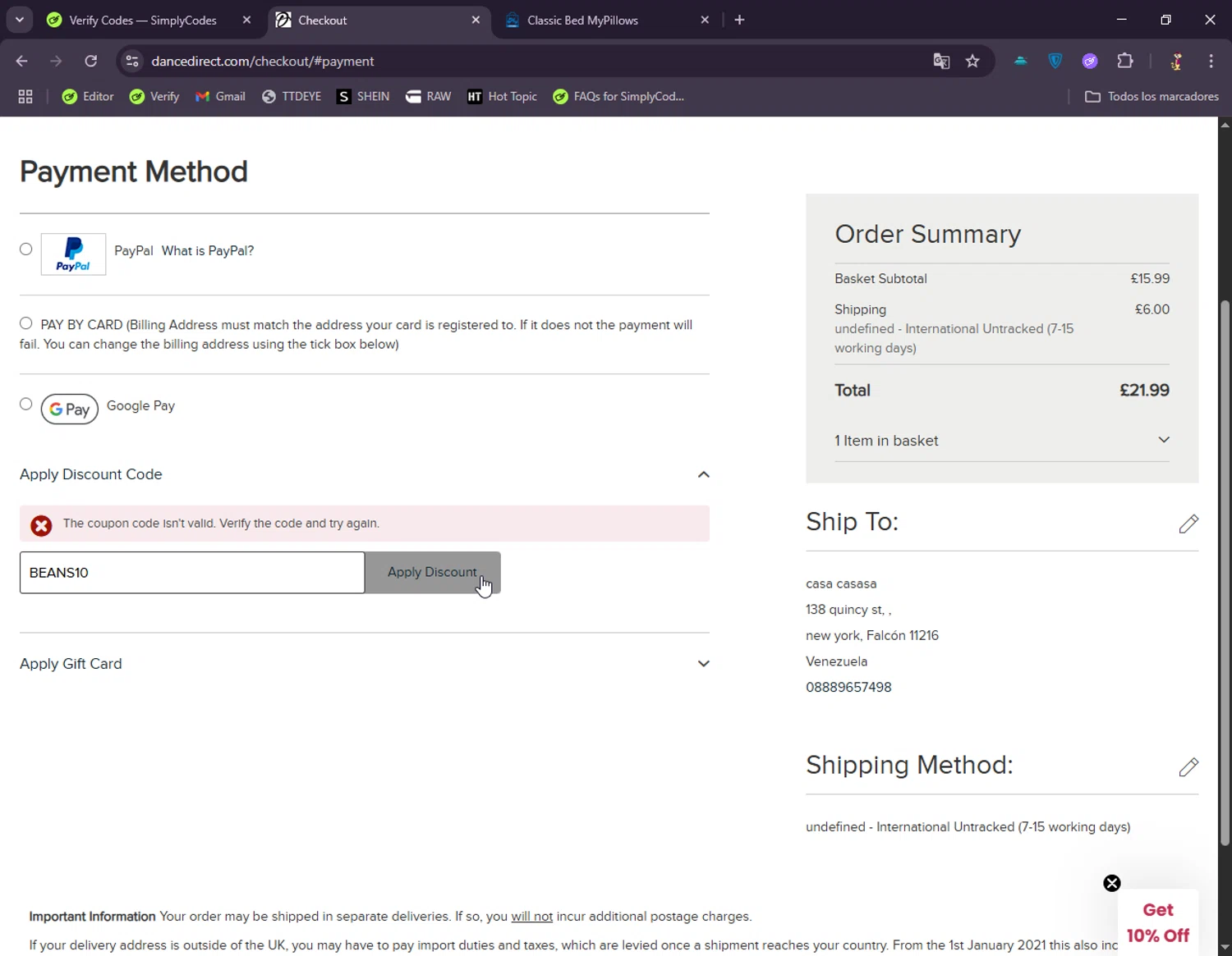 Dance Direct checkout page showing Dance Direct discount code box | Screenshot taken by SimplyCodes community member on Jun 10, 2025