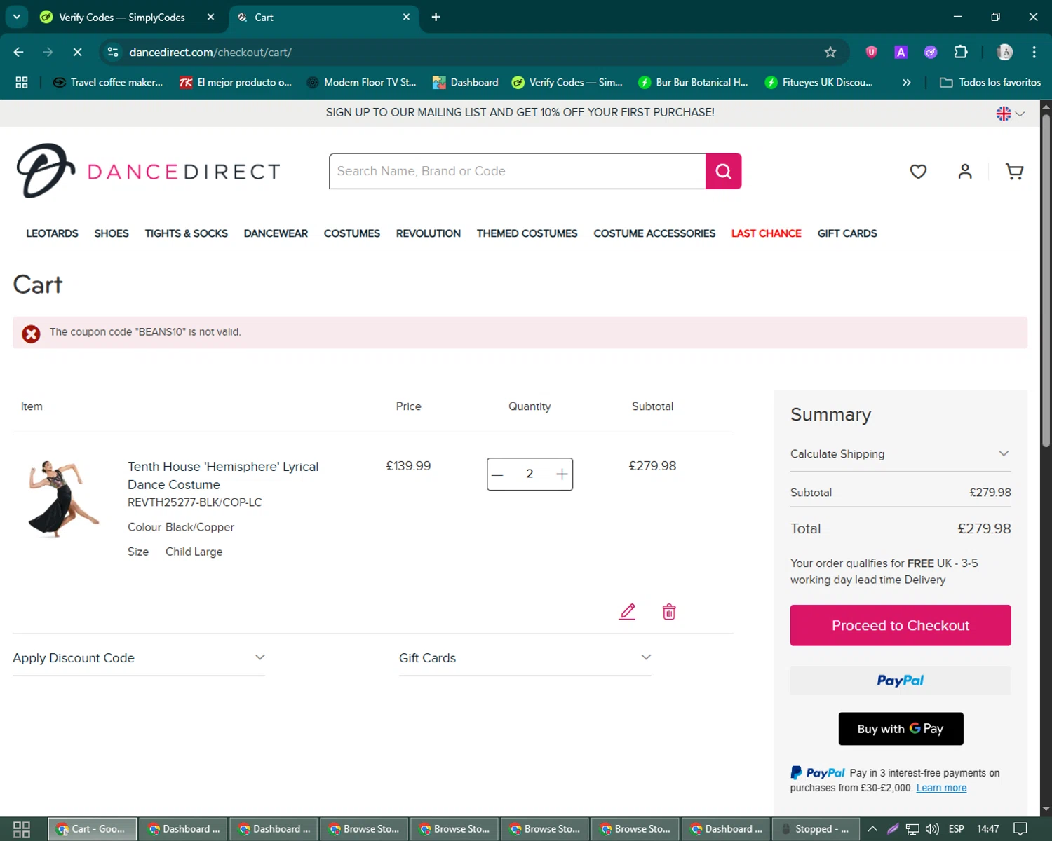 Dance Direct discount code screenshot showing code BEANS10 applied at Dance Direct checkout page. Uploaded by SimplyCodes community member John_Johnson on Jul 9, 2025