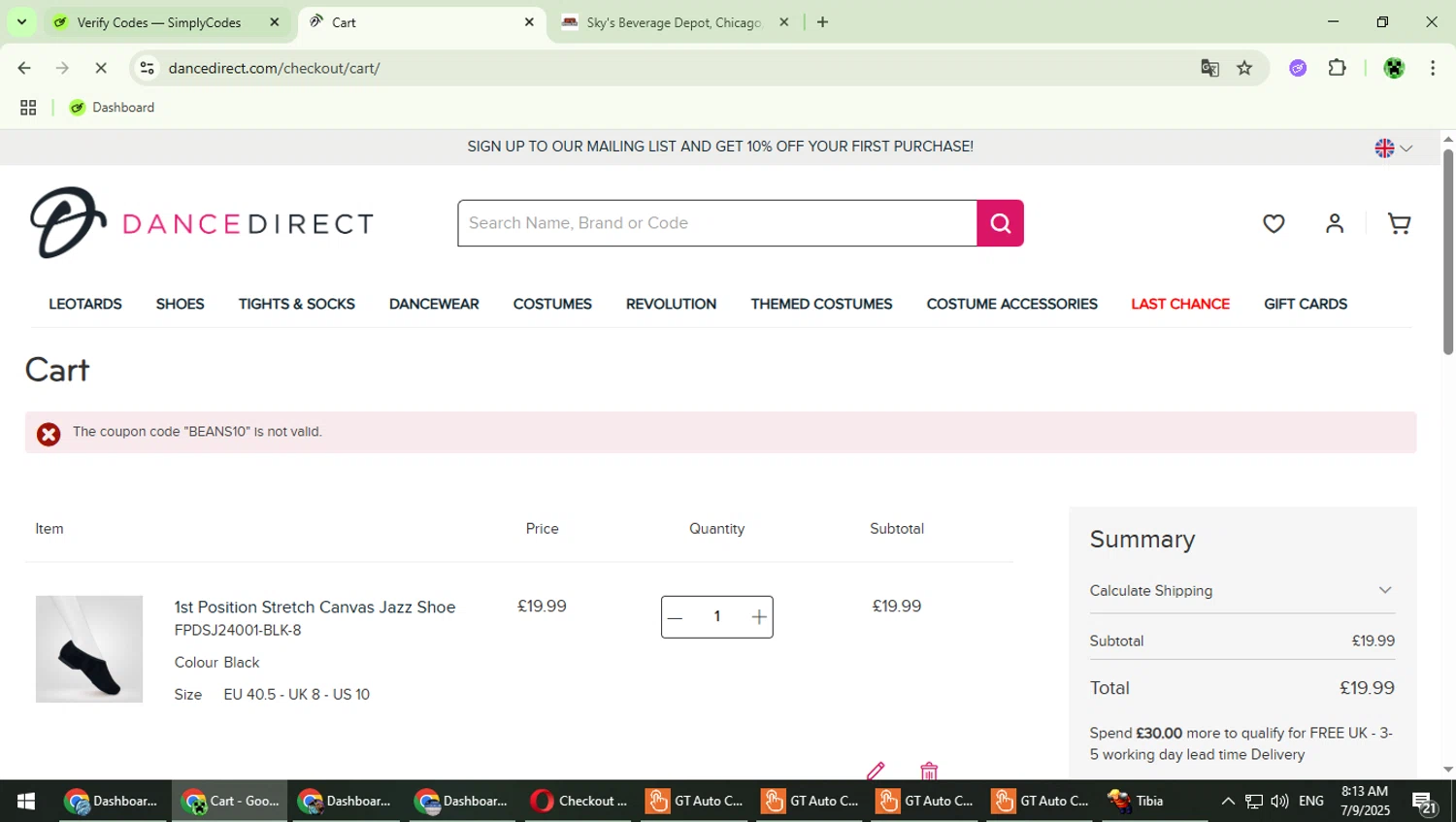 Dance Direct discount code screenshot showing code BEANS10 applied at Dance Direct checkout page. Uploaded by SimplyCodes community member MaitoGai on Jul 9, 2025