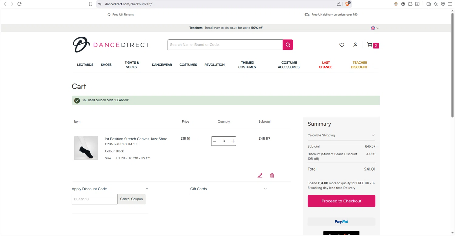 Dance Direct checkout page showing Dance Direct discount code box | Screenshot taken by SimplyCodes community member on Feb 1, 2026