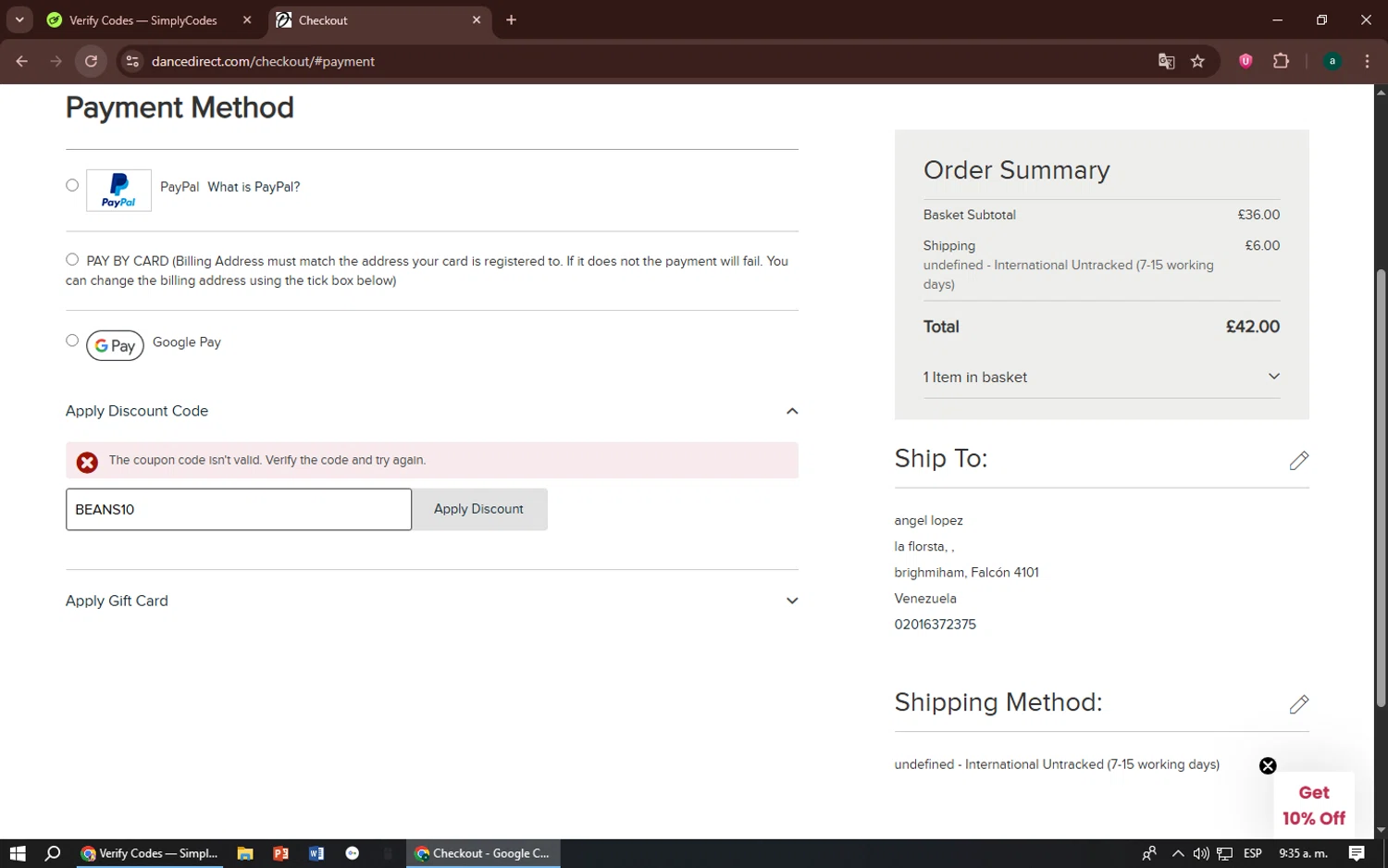 Dance Direct discount code screenshot showing code BEANS10 applied at Dance Direct checkout page. Uploaded by SimplyCodes community member zizu55 on Jul 9, 2025