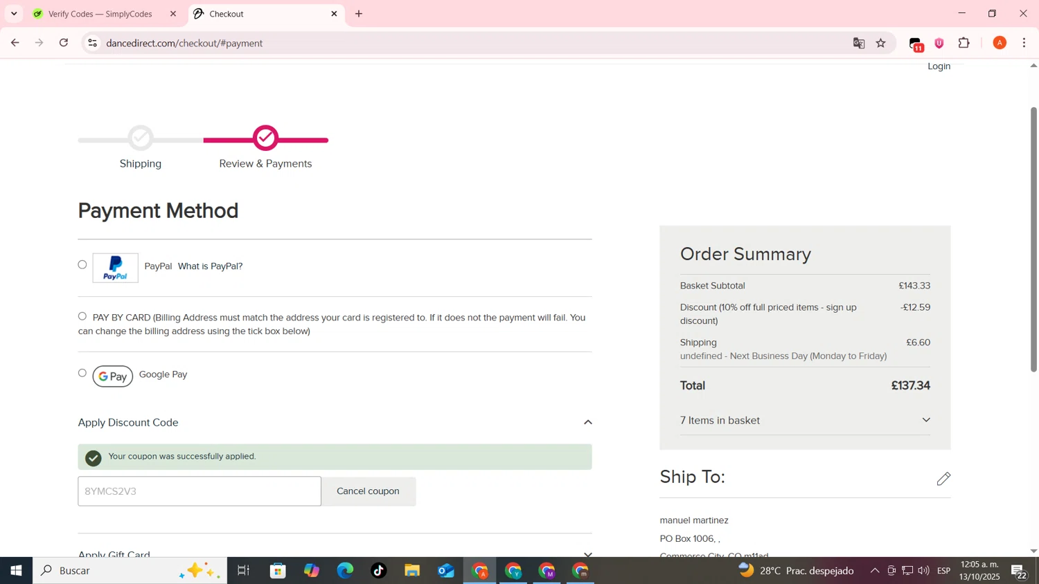 Dance Direct discount code screenshot showing code 8YMCS2V3 applied at Dance Direct checkout page. Uploaded by SimplyCodes community member FrugalSentinel6206 on Oct 13, 2025