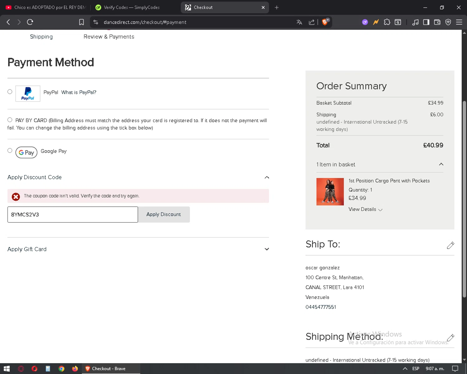 Dance Direct discount code screenshot showing code 8YMCS2V3 applied at Dance Direct checkout page. Uploaded by SimplyCodes community member mixelis on Dec 10, 2025