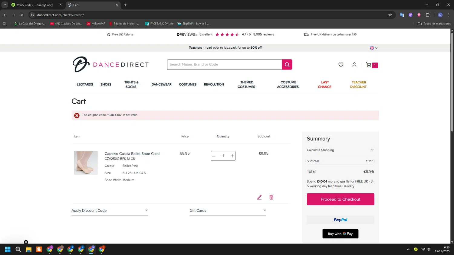 Dance Direct discount code screenshot showing code Ki3hLC6U applied at Dance Direct checkout page. Uploaded by SimplyCodes community member RoyalGuardian2978 on Dec 15, 2025
