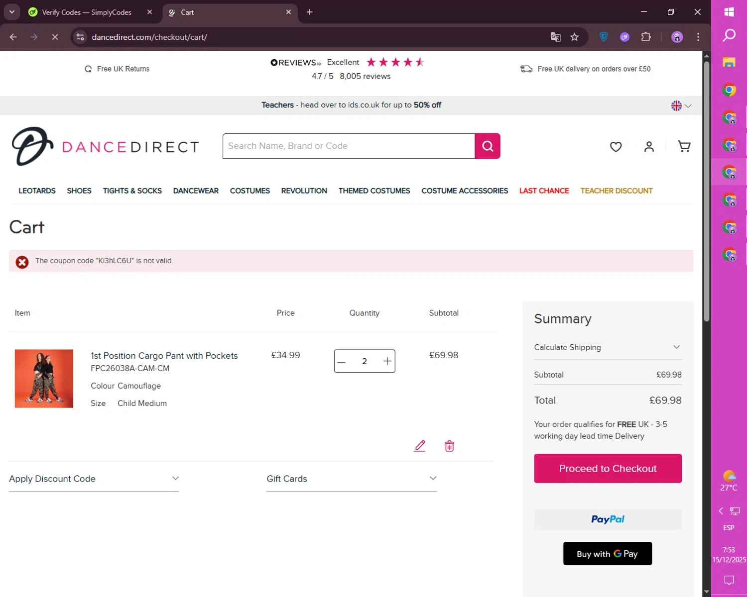 Dance Direct discount code screenshot showing code Ki3hLC6U applied at Dance Direct checkout page. Uploaded by SimplyCodes community member mileSalima on Dec 15, 2025