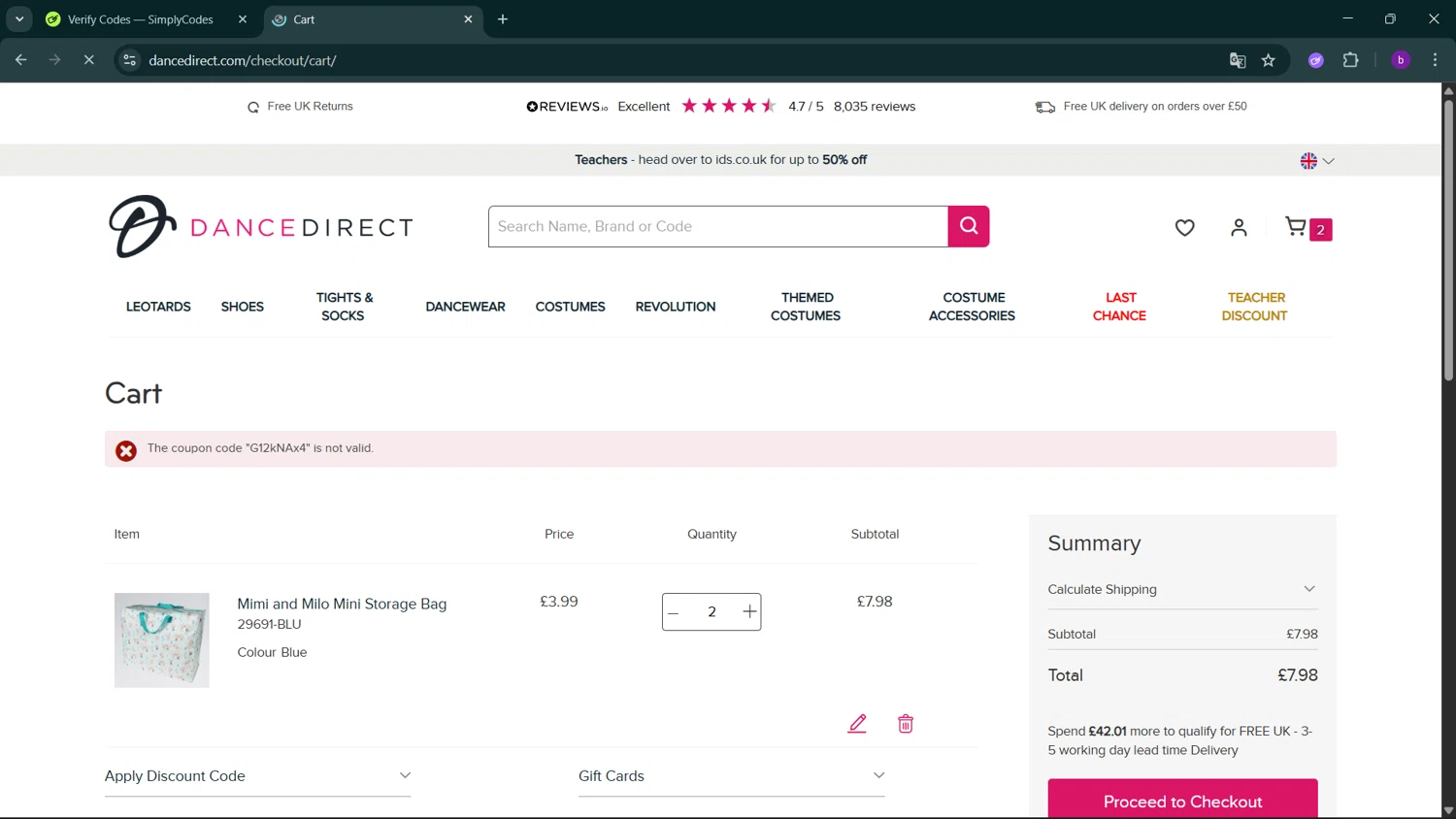 Dance Direct discount code screenshot showing code G12kNAx4 applied at Dance Direct checkout page. Uploaded by SimplyCodes community member RoyalSleuth2430 on Jan 12, 2026