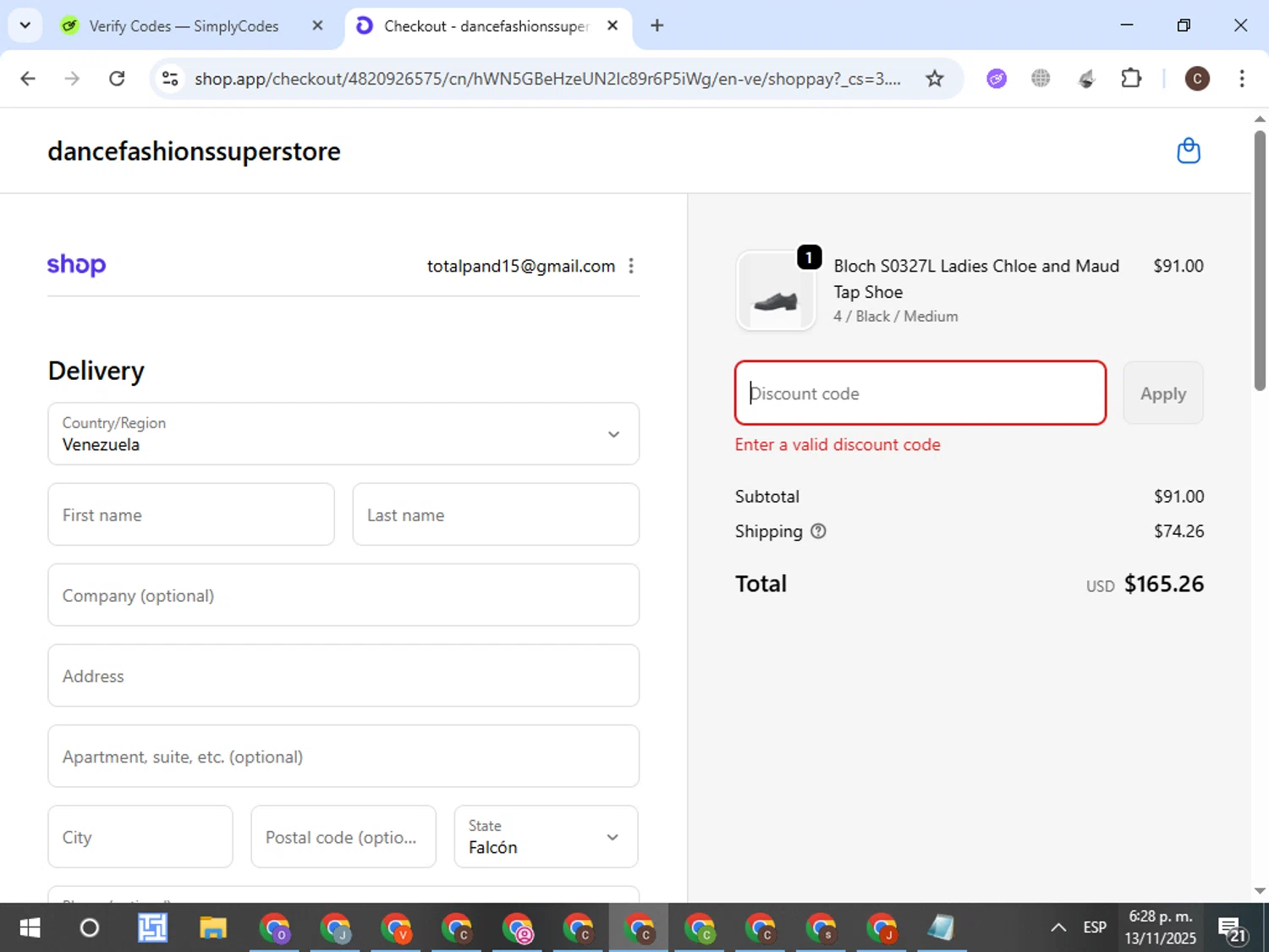 Dance Fashions Superstore coupon code screenshot showing code BTS10 applied at Dance Fashions Superstore checkout page. Uploaded by SimplyCodes community member VictorL on Nov 13, 2025