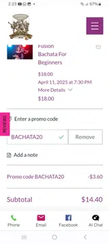 BACHATA20 coupon verification screenshot
